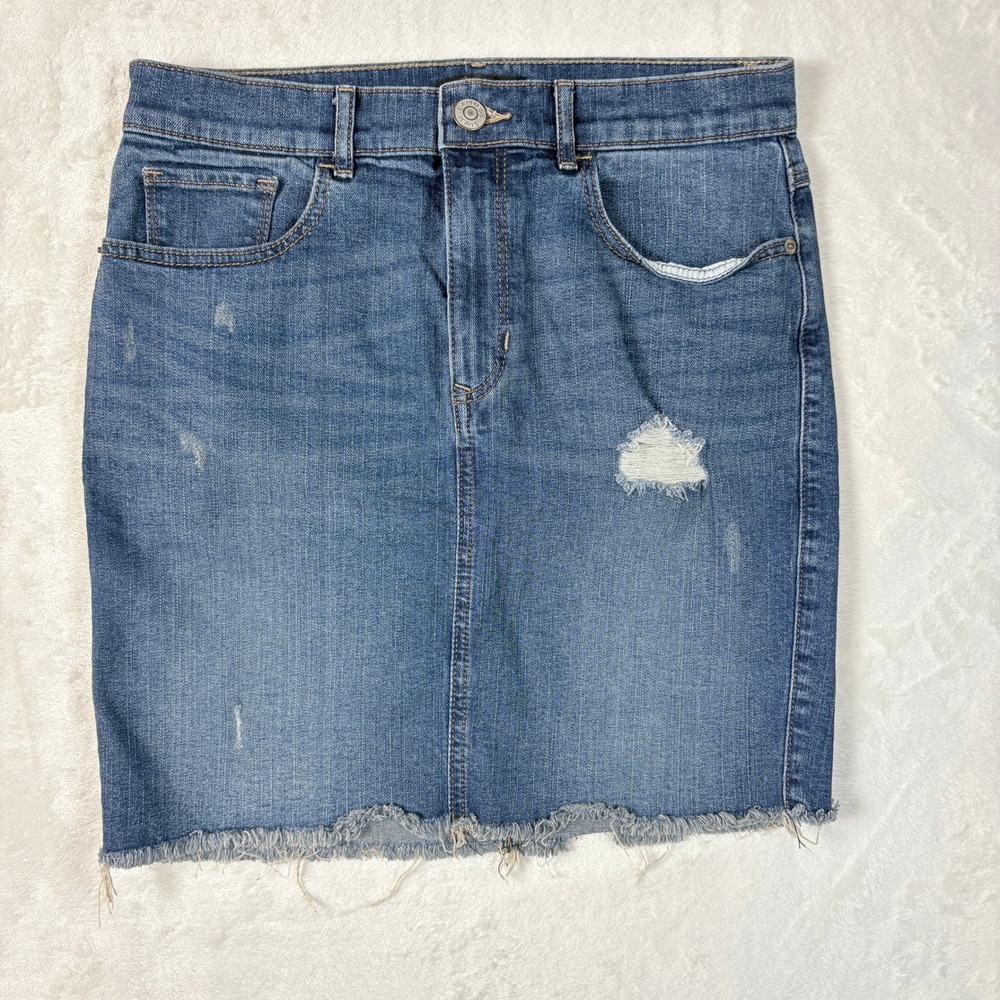 Express Denim Mini Skirt Womens 6 Blue Excellent Distressed Raw Hem Mid Rise